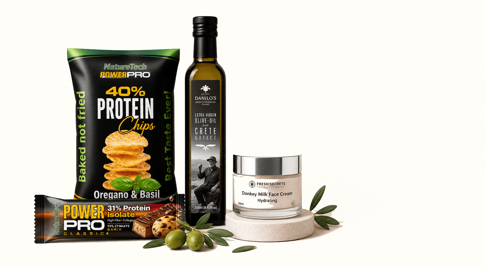 Proteinska čokoladica, proteinski čips, Danilo's maslinovo ulje i Fresh Secrets krema